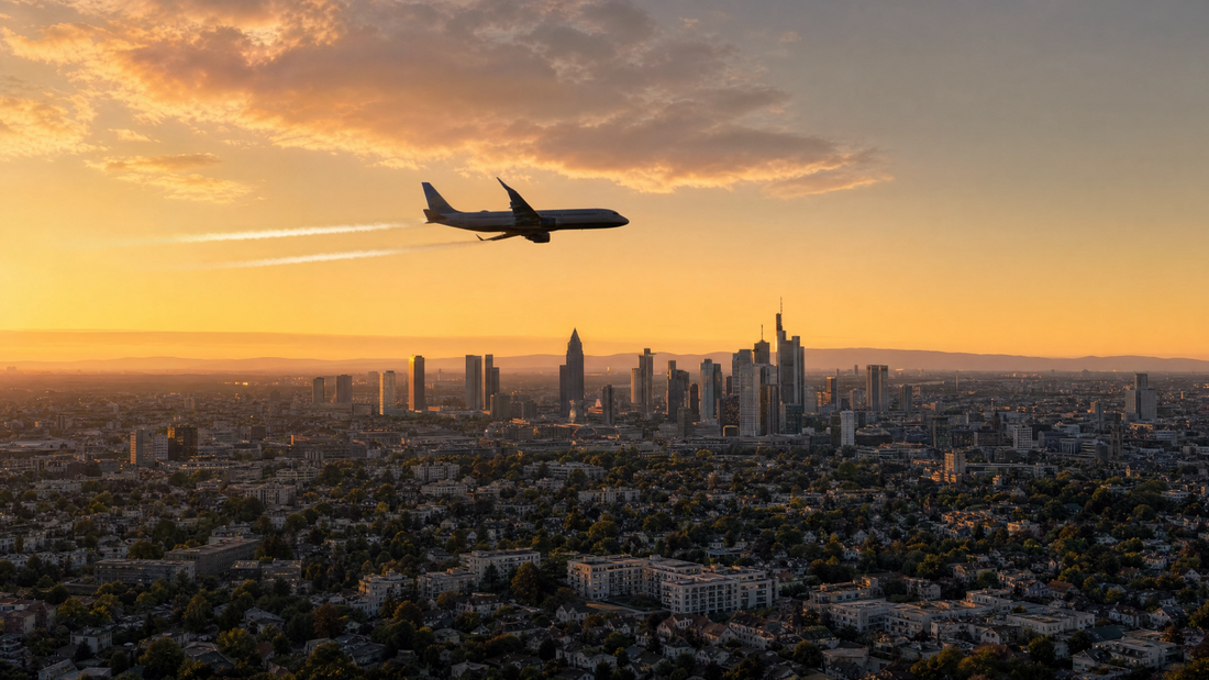 Fluglärm Frankfurt FRA - ein Flugzeug überfliegt Frankfurt am Main und verursacht Lärm. Ohrstöpsel helfen. 