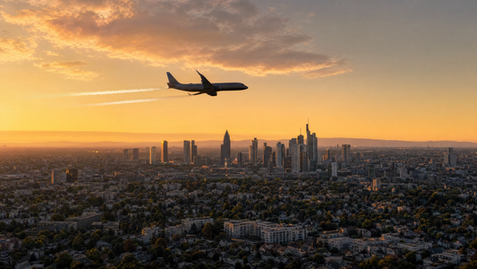 Fluglärm Frankfurt FRA - ein Flugzeug überfliegt Frankfurt am Main und verursacht Lärm. Ohrstöpsel helfen. 