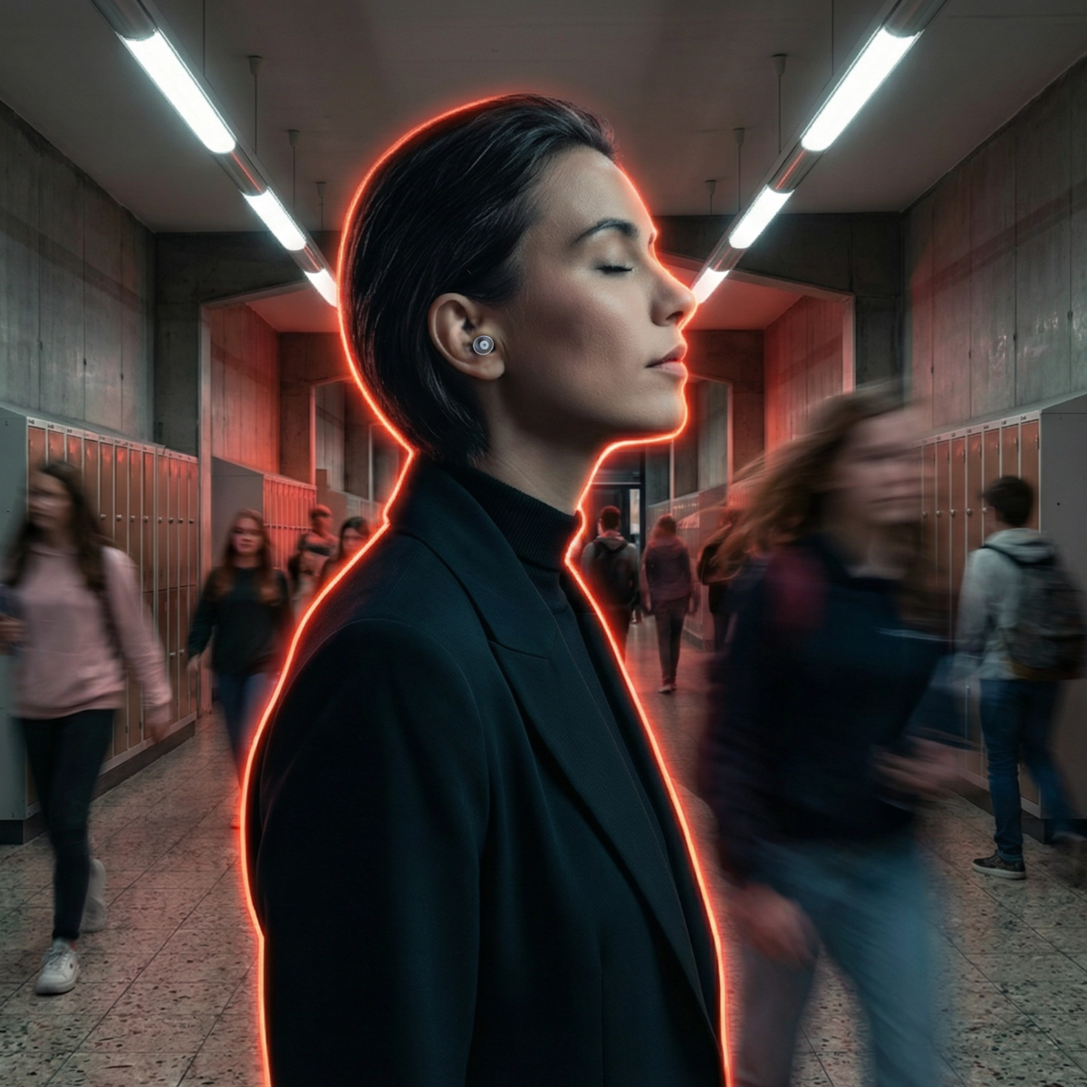 Ohrstöpsel "Lehrer in Neukölln" von Berlin Ear Guard werden von einer Pädagogin oder Erzieherin oder Lehrerin im Klassenzimmer getragen, sodass ihr der Kinderlärm egal ist. Im Hintergrund sind tobende und schreiende Schüler in der Schule zu sehen.