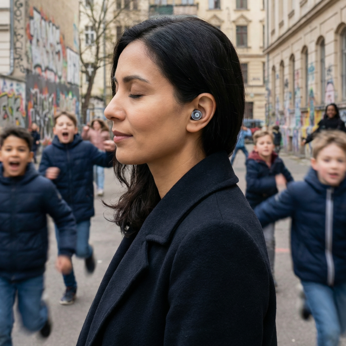 Ohrstöpsel "Lehrer in Neukölln" von Berlin Ear Guard werden von einer Pädagogin oder Erzieherin oder Lehrerin auf dem Schulhof getragen, sodass ihr der Kinderlärm egal ist. Im Hintergrund sind tobende und schreiende Schüler auf einem Schulhof zu sehen.