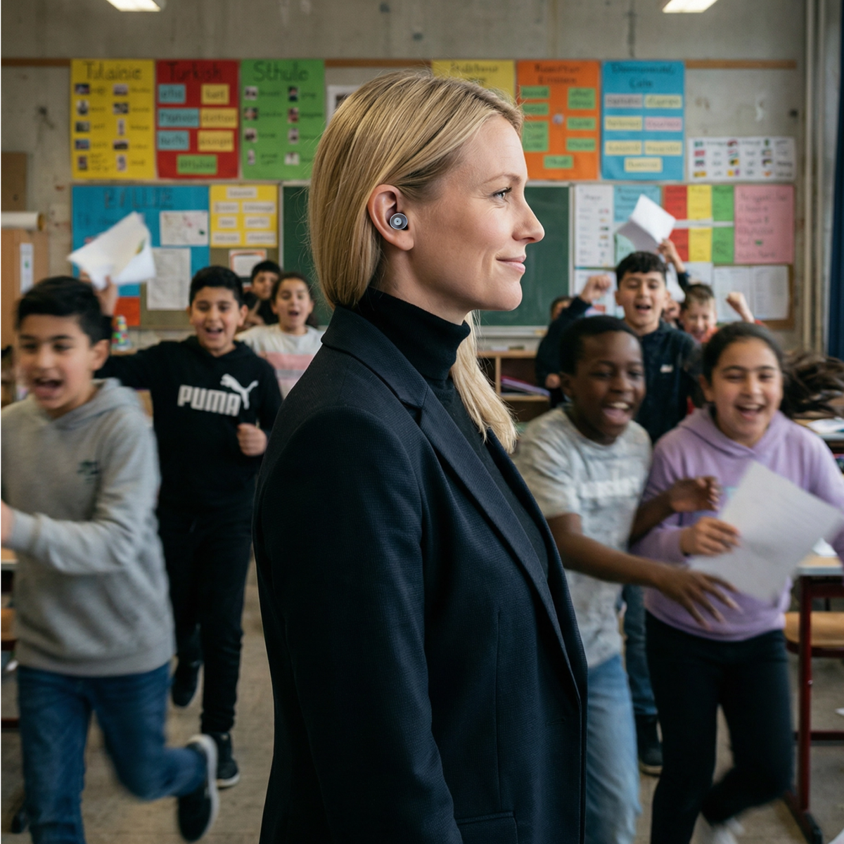 Ohrstöpsel "Lehrer in Neukölln" von Berlin Ear Guard werden von einer Pädagogin oder Erzieherin oder Lehrerin im Klassenzimmer getragen, sodass ihr der Kinderlärm egal ist. Im Hintergrund sind tobende und schreiende Schüler im Klassenraum zu sehen.