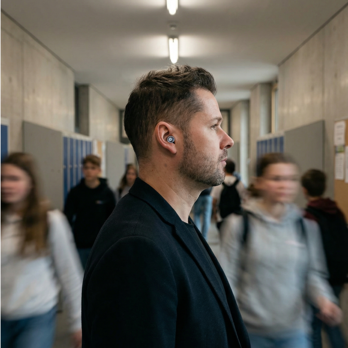 Ohrstöpsel "Lehrer in Neukölln" von Berlin Ear Guard werden von einem Pädagogen oder Erzieher im Klassenzimmer getragen, sodass ihm der Kinderlärm egal ist. Im Hintergrund sind tobende Kinder in einem Schulflur zu sehen.