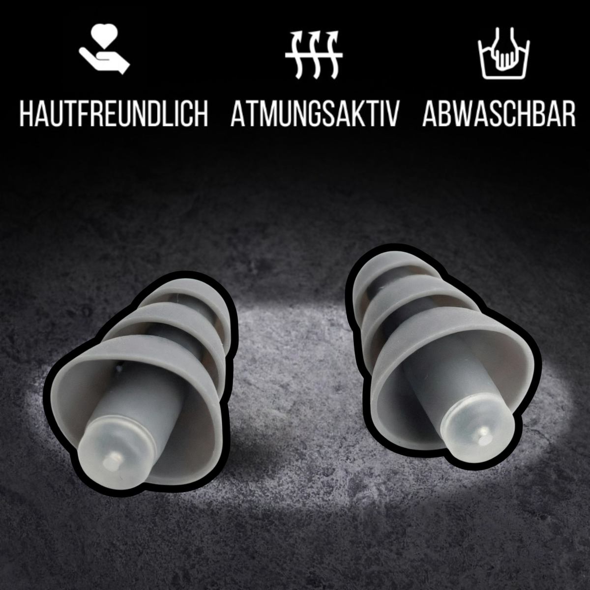 Ohrstöpsel "Lehrer in Neukölln" von Berli  Ear Guard. Nahaufnahme. Darüber steht wiederverwendbar hautfreundlich, atmungsaktiv, abwaschbar.